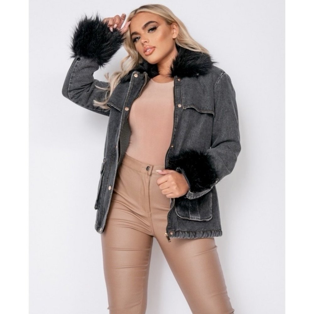 Shearling Lined Long Sleeve Denim Jeans Jacket with Detachable Fur Collar & Cuff - Picture 6 of 13